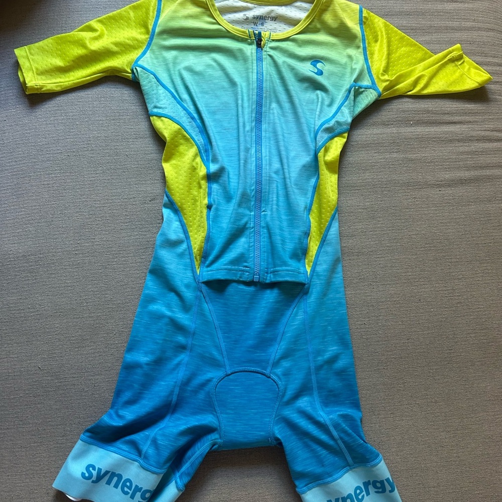 Synergy Organic Clothing Blue and Yellow Cycling Suit